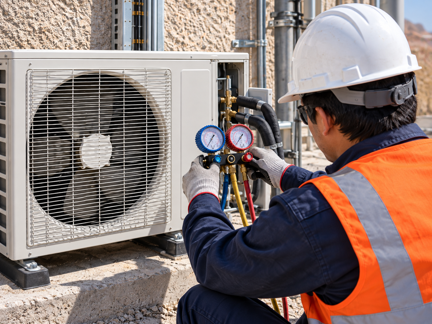Técnico realizando revisión de un sistema de climatización HVAC en terreno