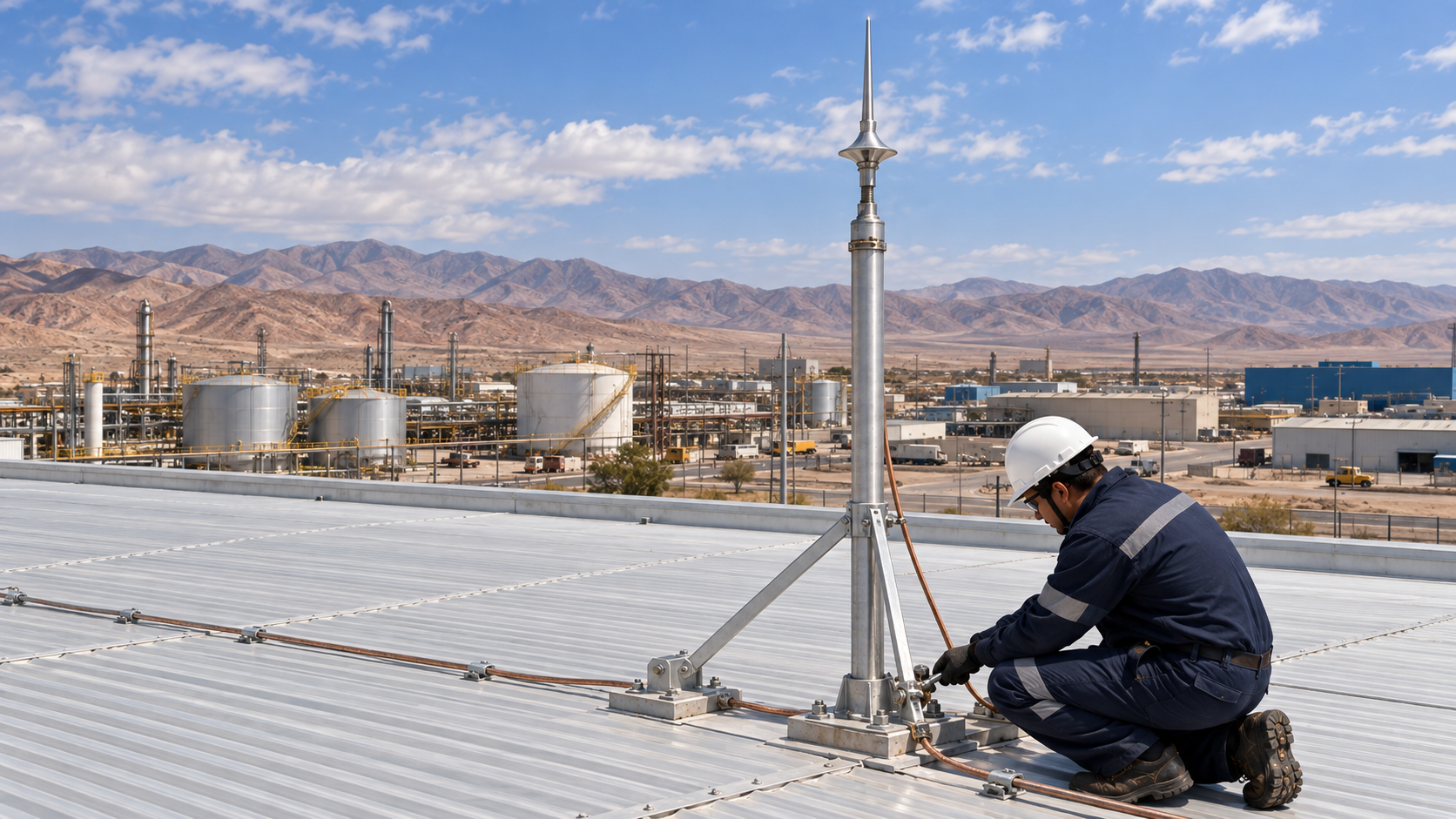 Técnico instalando un sistema de protección contra rayos en infraestructura industrial