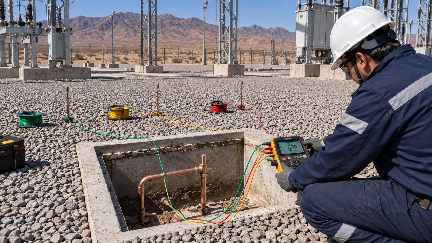 Técnico midiendo y verificando un sistema industrial de puesta a tierra