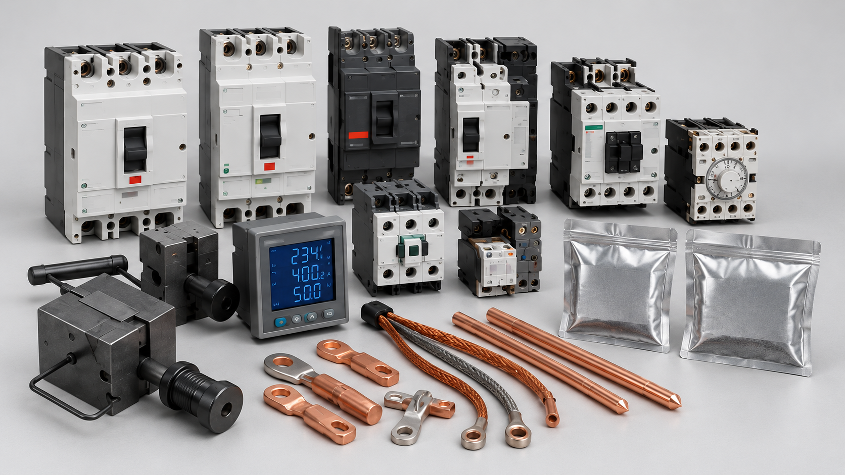 Interruptores, contactores, medidor, conductores y componentes eléctricos industriales